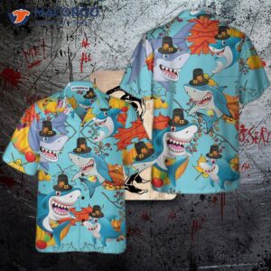 thanksgiving sharks wearing pilgrim hat hawaiian shirt funny gift for day 0