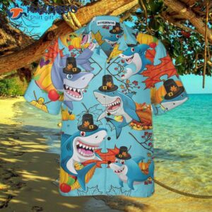 thanksgiving sharks wearing pilgrim hat hawaiian shirt funny gift for day 2