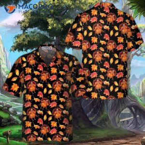Thanksgiving Turkeys Wearing Hats And Autumn Maple Leaves Printed On A Hawaiian Shirt Make For Funny Turkey Shirt, Perfect Gift Day.