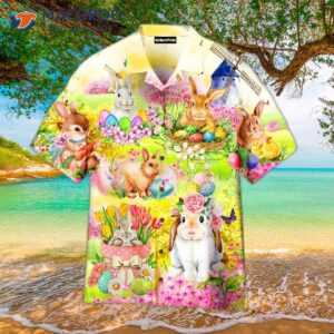 The Easter Rabbit Is Chilling In Flower Landscape Wearing Hawaiian Shirts.