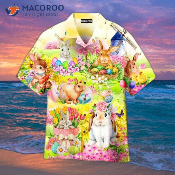 The Easter Rabbit Is Chilling In Flower Landscape Wearing Hawaiian Shirts.