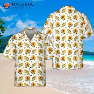 This Corn And Sunflower Pattern Floral Hawaiian Shirt Is For Adults, With A Print Design.