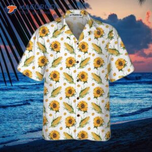 this corn and sunflower pattern floral hawaiian shirt is for adults with a print design 2