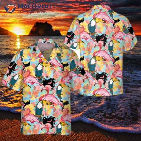 Toucans And Flamingos Exotic Floral Hawaiian Shirt, Tropical Toucan Shirt For Adults, Cool Print