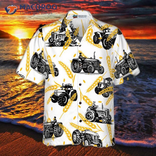 Tractor Pattern Hawaiian Shirt On Wheat