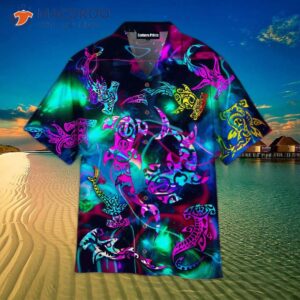 tribal shark maori neon pattern hawaiian shirts 1