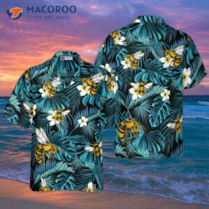 tropical blue leaves and bees hawaiian shirt 2