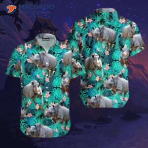tropical hibiscus flower patterned rhinoceros green hawaiian shirt 0