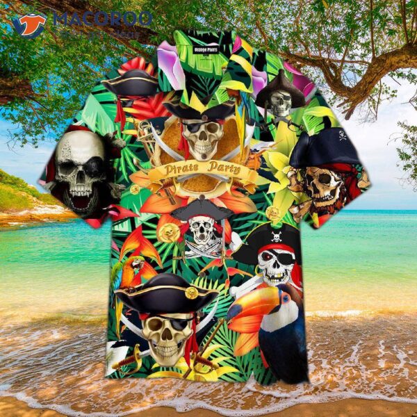 Tropical Pirate Skulls Make Legends In A Black Hawaiian Shirt