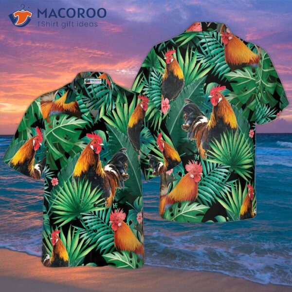 “tropical Rooster Patterned Hawaiian Shirt”