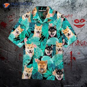 Tropical Shiba Inu Dogs In Blue Hawaiian Shirts