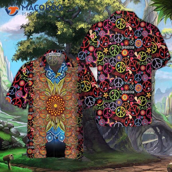 Vibrant Color Hippie Hawaiian Shirt, Peace Sign Pattern Unique Gift