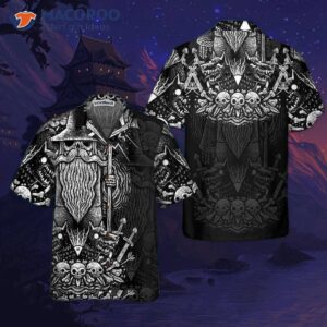 viking god odin hawaiian shirt black and white norse mythology shirt 3