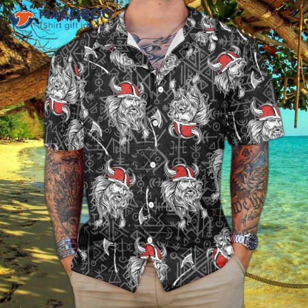 Viking Head Hawaiian Shirt With Seamless Pattern Of God Odin