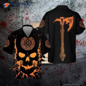 Viking Skull With Backbone Axe Hawaiian Shirt, Cool Orange Pattern And Black Shirt