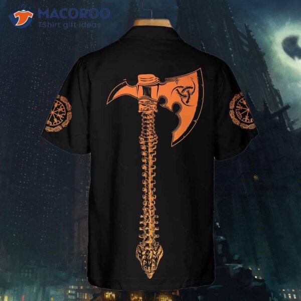 Viking Skull With Backbone Axe Hawaiian Shirt, Cool Orange Pattern And Black Shirt