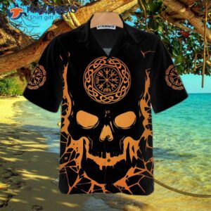 viking skull with backbone axe hawaiian shirt cool orange pattern and black shirt 2