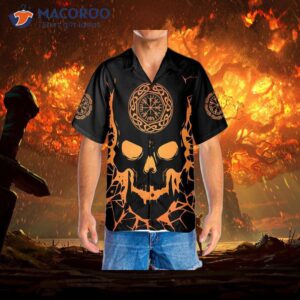 viking skull with backbone axe hawaiian shirt cool orange pattern and black shirt 3