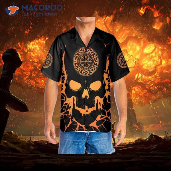 Viking Skull With Backbone Axe Hawaiian Shirt, Cool Orange Pattern And Black Shirt