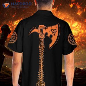 viking skull with backbone axe hawaiian shirt cool orange pattern and black shirt 4