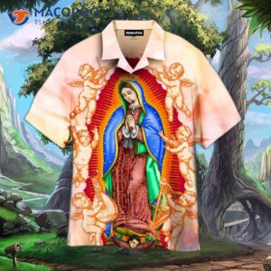 virgin of guadalupe with angels and pink rose hawaiian shirts 1