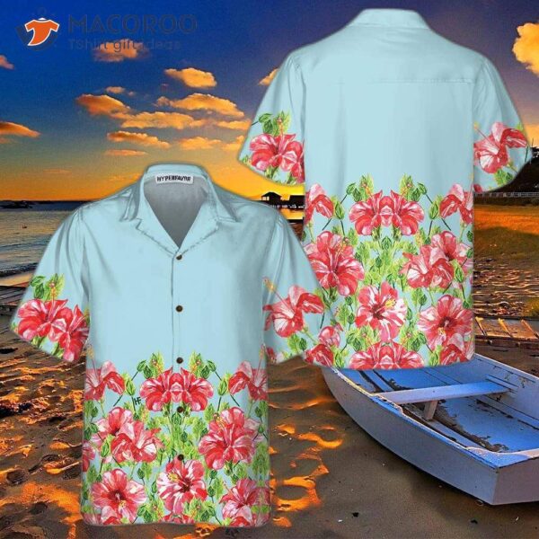 Watercolor Hibiscus Flower Hawaiian Shirt, Short-sleeved Red Print Shirt