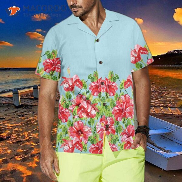 Watercolor Hibiscus Flower Hawaiian Shirt, Short-sleeved Red Print Shirt