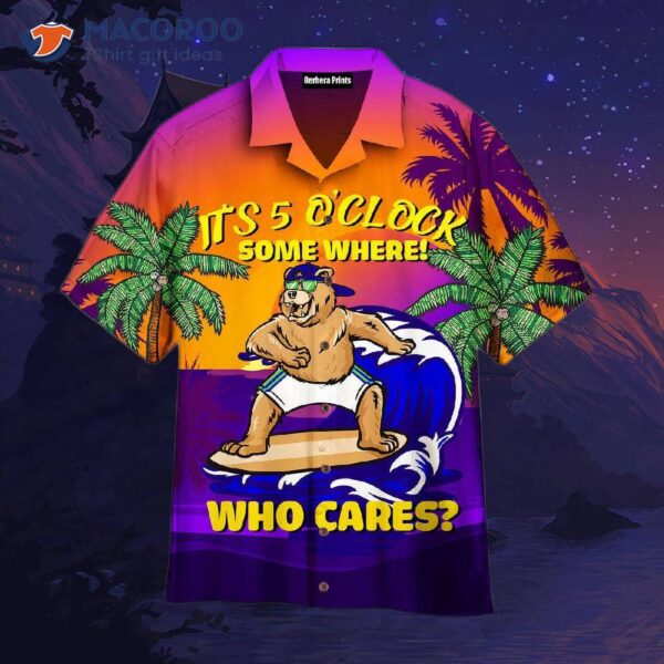 Windsurfing, Surfing Bear, It’s 5 O’clock Somewhere, Who Cares? Violet And Orange Hawaiian Shirts.