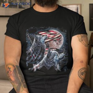Wolf 4th Of July American Flag Howling Wolves Under Moon Shirt