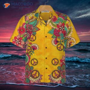 yellow hawaiian floral hippie peace sign and flower shirt best gift 2