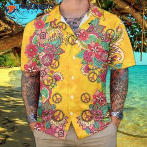 yellow hawaiian floral hippie peace sign and flower shirt best gift 3