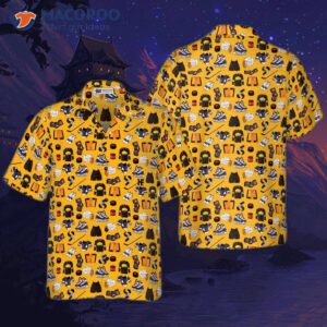yellow hockey gear and a hawaiian shirt 0