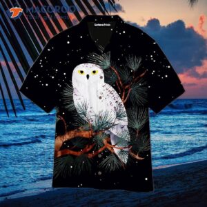A Beautiful White Owl Perched On Tree Branch At Night Wearing Hawaiian Shirt.