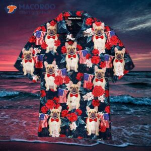 A French Bulldog Holding Flag Of The United States On Red Rose Tropical Hawaiian Shirt