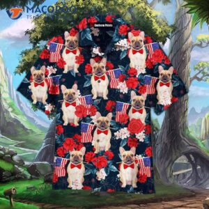 A French Bulldog Holding Flag Of The United States On Red Rose Tropical Hawaiian Shirt