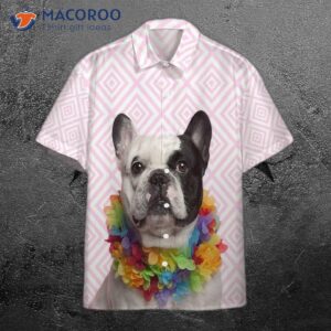 A French Bulldog Wearing White Hawaiian Shirt