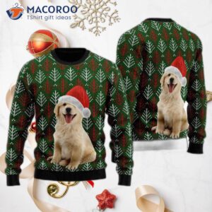 A Golden Retriever Puppy Is Wearing An Ugly Christmas Sweater With Santa Hat.