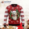 A Golden Retriever Wearing Santa’s Hat And An Ugly Christmas Sweater.