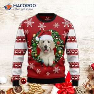 A Golden Retriever Wearing Santa’s Hat And An Ugly Christmas Sweater.