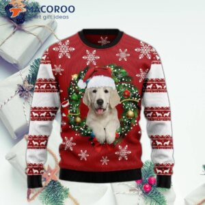 A Golden Retriever Wearing Santa’s Hat And An Ugly Christmas Sweater.