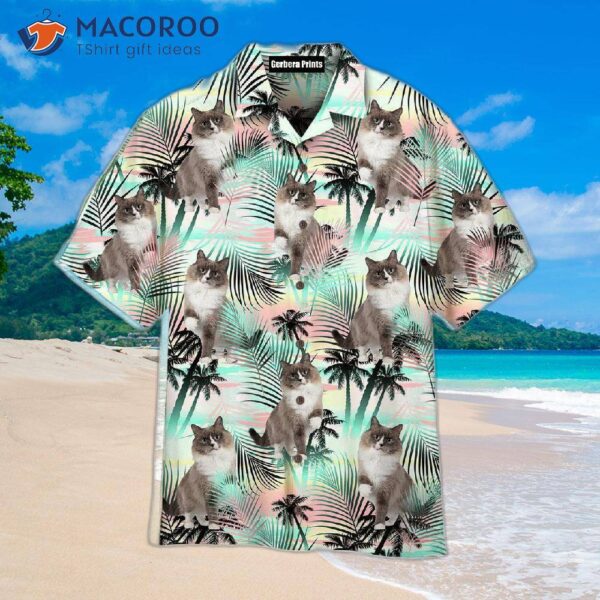 A Gray Mink Ragdoll Cat Is Standing With Tropical Hawaiian Shirts.