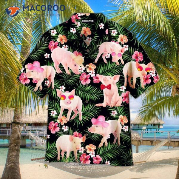 A Pig Farm Where Pigs Call Home, With Tropical Flowers, Palm Leaves, And Pattern Of Hawaiian Shirts.