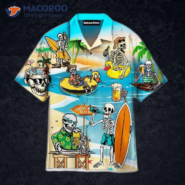 A Skeleton And Skull Relaxing On The Beach During Summer Vacation, Wearing Blue Hawaiian Shirts