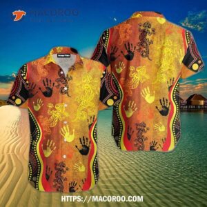 Aboriginal Australia Rock Painting Hand Lizard Art Golden Style Beach Hawaiian Shirt