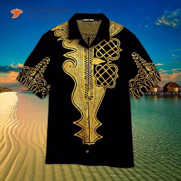 African Gold Dashiki Pattern Black Hawaiian Shirts