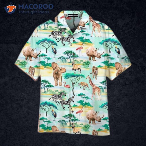 African-inspired Hawaiian Shirts Featuring All-over Patterns Of Forest Animals.