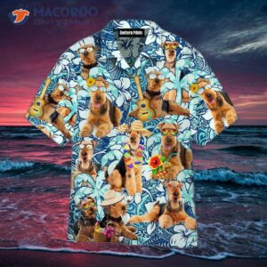airedale terrier dogs love blue hawaiian shirts with beach floral patterns 0