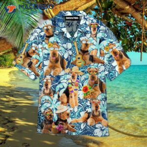 airedale terrier dogs love blue hawaiian shirts with beach floral patterns 1