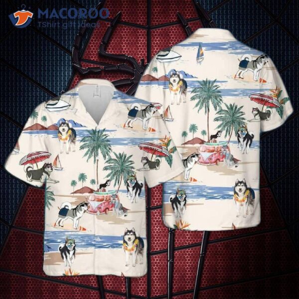 Alaskan Malamute Summer Beach White Hawaiian Shirts