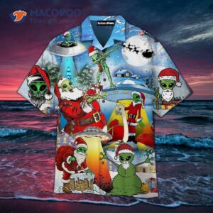 Alien And Santa Claus Hawaiian Shirts At Christmas